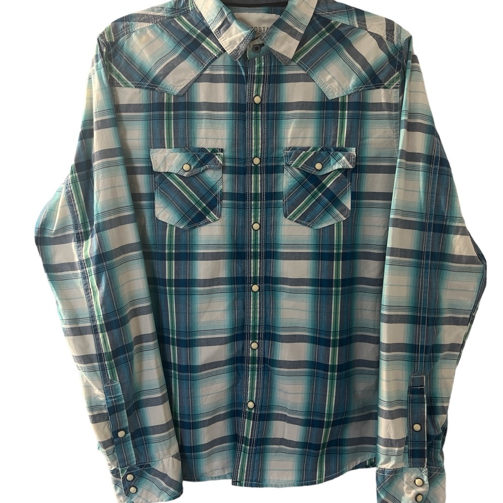 Aeropostale Vtg men’s short sleeve pearl snap button plaid green and blue